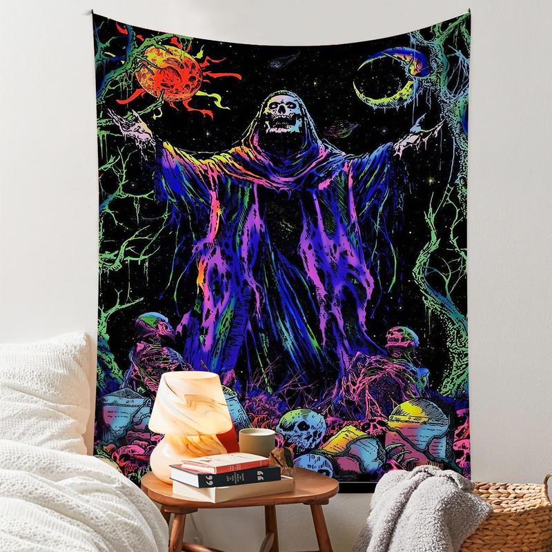 Skeleton Wizard Pattern Tapestry, 1 Count Colorful Gothic Wizard Skeleton Peach Fleece Hanging Tapestry, Wall Hanging Decor for Home Living Room Bedroom Dormitory