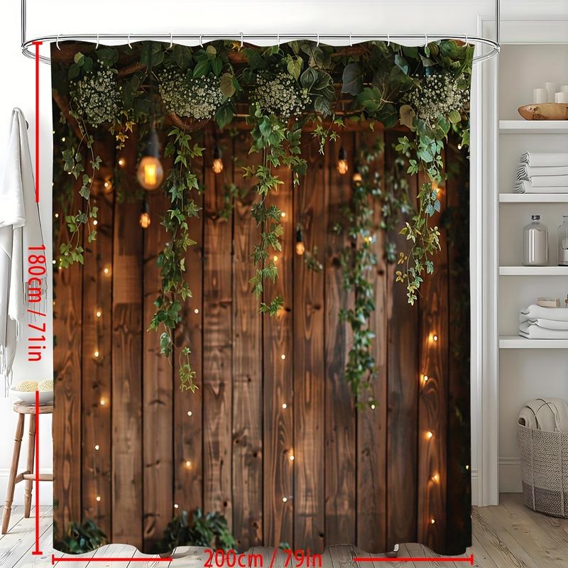 1pc Vintage Rustic Wooden Board Door Shower Curtain, Green Leaves On Farmhouse Country Wood Plank, Waterproof Polyester Fabric Countryside Life Bathroom Curtain, With 12 Hooks