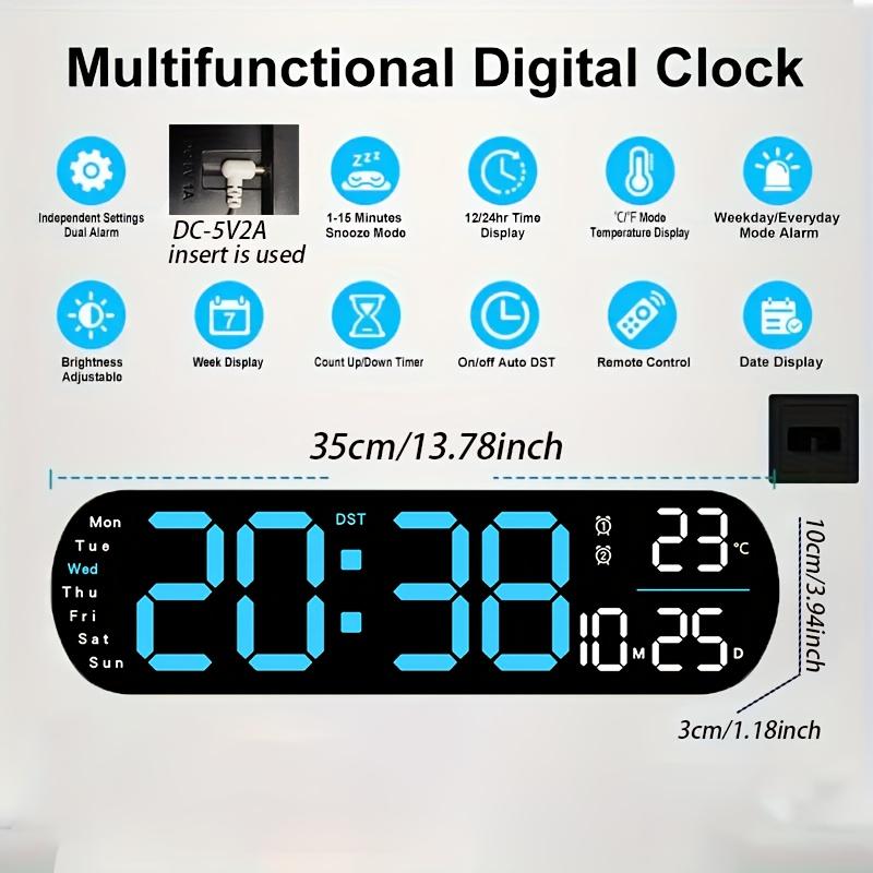 Digital Wall Clock with Remote, 13.7“ Large Display LED Alarm Clock with Time Date Temp Week, 12 24H, Adjustable Brightness for Living Room Decor Light Rgb