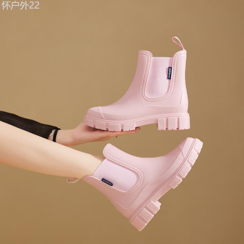 Women's Mid-calf Rain Boots, Fashionable Korean And Japanese Style, Waterproof And Non-slip Thick Sole, Elasticated Trim, Easy To Put On And Take Off The Pull Loop