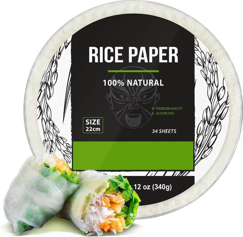 Rice Paper, White Rice Paper Wrappers, 1 Pack, 34 Sheets-Fresh Spring Roll Wrappers & Dumplings, Non-GMO, Gluten-Free, Low Carb, Vietnamese Rice Wraps (Round, 22cm)