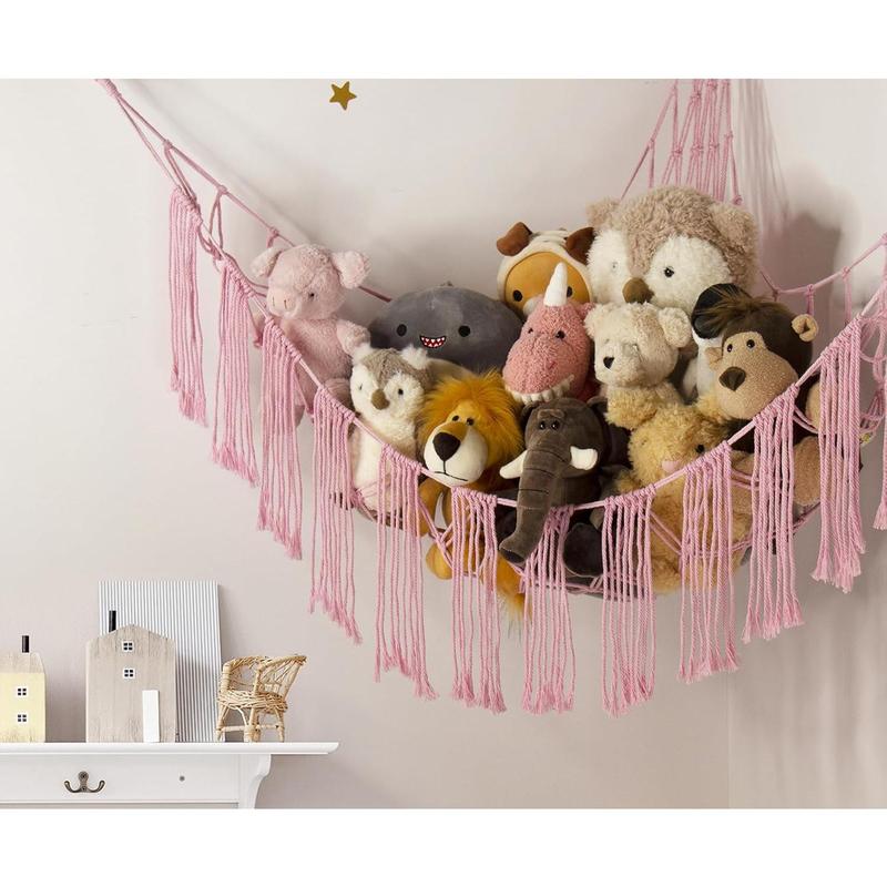 Stuffed  Hammock Corner with LED Light -  Storage Hammock Plushie Net Hanging Organizer - Pink Room Decor for Teen Girls - Cute Bedroom Aesthetic