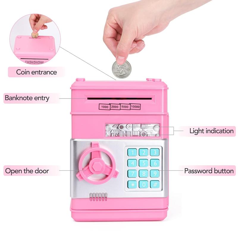 Piggy Bank for Kids, Electronic Mini ATM with Password Cash Coin Can Auto Scroll Paper Money Saving Box, Birthday Christmas Toy Gift for Girls Boys-Pink