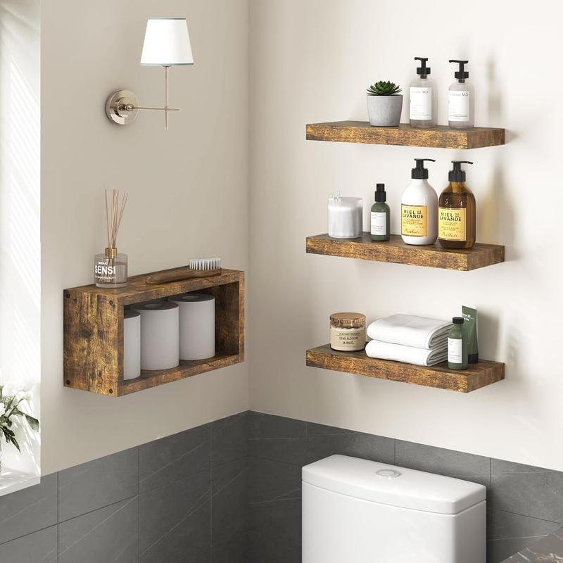 Floating Shelves, 4+1 Tier Rustic Bathroom Shelves Over Toilet with Invisible Brackets, Farmhouse Wall Decor for Bedroom, Living Room, Kitchen and Plants (Rustic Brown) Shelf Installation Mdf