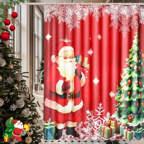 Christmas Shower Curtain for Bathroom Winter Holiday Vintage Fabric Xmas Santa Tree Snowflake Shower Curtain Waterproof Decor Set w 12 Hooks 72x72in