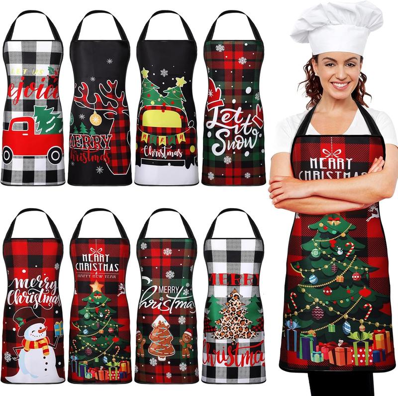 8 count Christmas Apron for Women Christmas Kitchen Cooking Aprons Bulk Adjustable Xmas Baking Aprons for Holiday