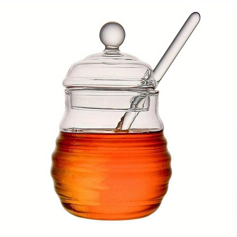 Clear Glass Honey Jar with Lid & Stirring Stick, Cute Simple Honey Storage Jar, Honey Jar for Home Kitchen Dining Room Picnic Office