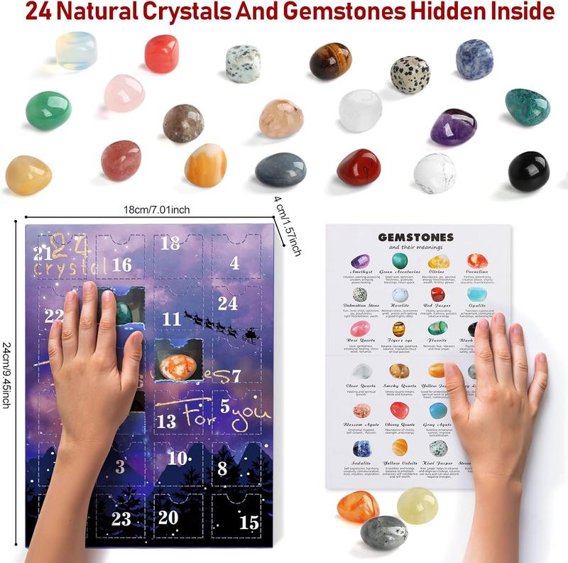 Advent Calendar 2024, 24 Days Natural Crystal Agate Stone Minerals & Fossils Gem Advent Calendars 2024 for Kids,Christmas Countdown Calendar Enthusiasts Rock Collection for Xmas Girls Boy Women Men