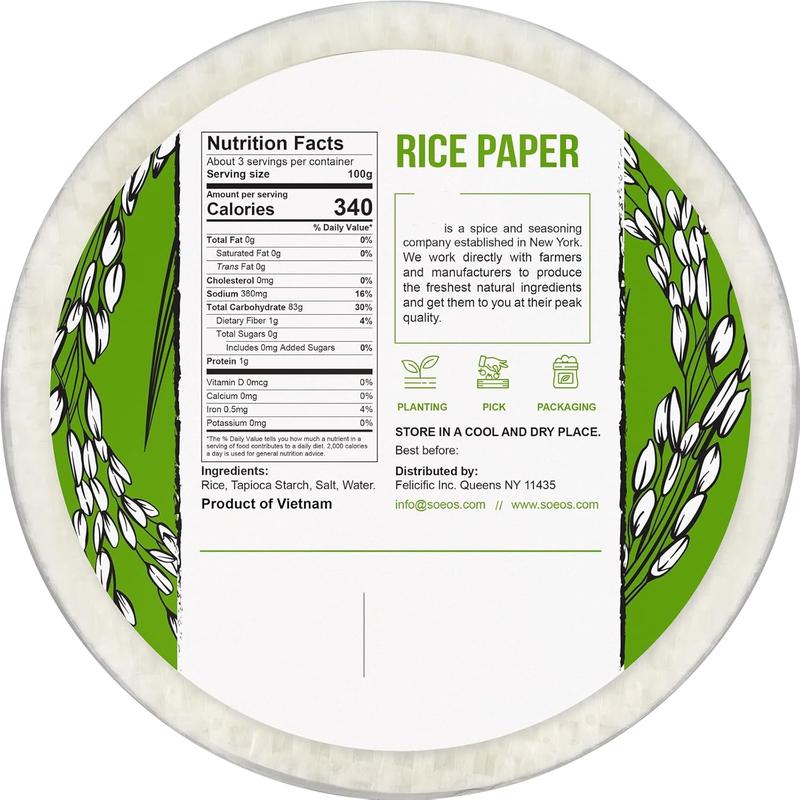 Rice Paper, White Rice Paper Wrappers, 1 Pack, 34 Sheets-Fresh Spring Roll Wrappers & Dumplings, Non-GMO, Gluten-Free, Low Carb, Vietnamese Rice Wraps (Round, 22cm)