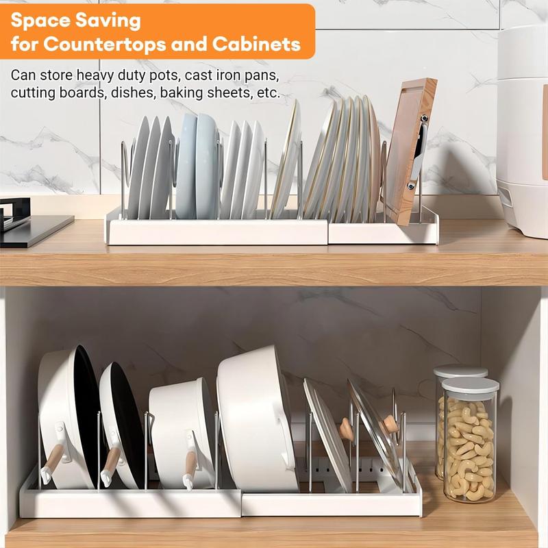 Expandable Pot and Pan Organizer Rack for Cabinet, Pot Lid Organizer Holder with 7 Stainless Steel Adjustable Dividers for Kitchen Cabinet Organizer and Storage 2024 Good kitchen Helper