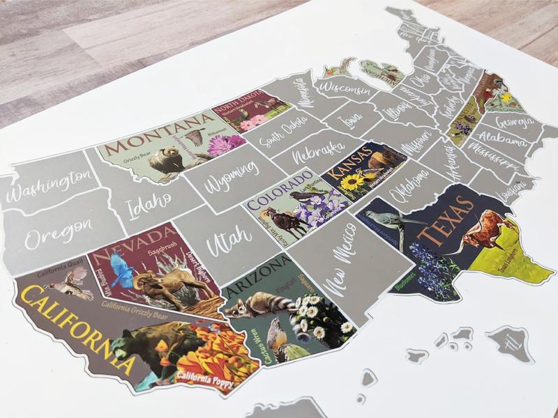 USA Scratch Off Map; State Symbols map; United States Poster; US Sales Tracking map; Places Traveled Map; Scratch off poster Decor