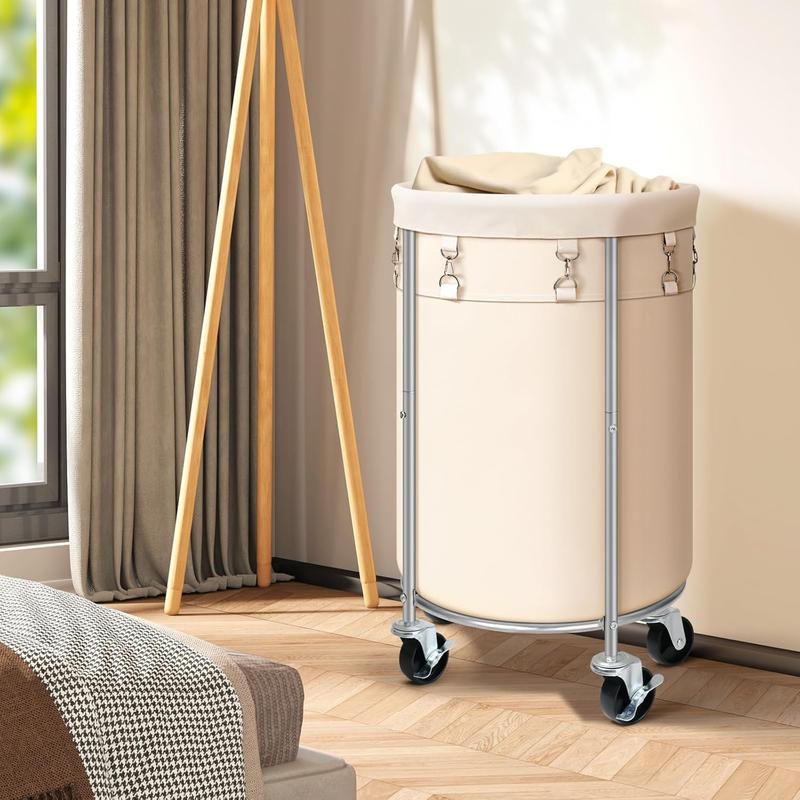 Laundry Hamper with Wheels, Rolling Laundry Basket, Round Laundry Sorter Cart with Steel Frame and Removable Bag, 4 Casters and 2 Brakes, Ideal for Bedroom, Bathroom, Laundry Room, Beige