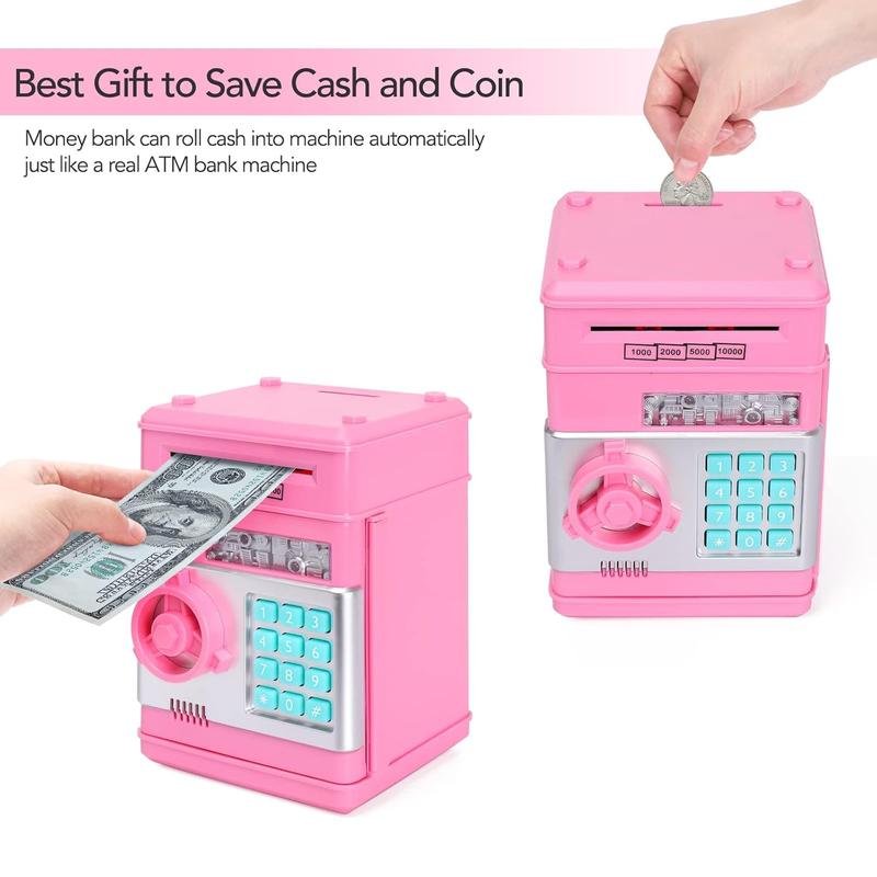 Piggy Bank for Kids, Electronic Mini ATM with Password Cash Coin Can Auto Scroll Paper Money Saving Box, Birthday Christmas Toy Gift for Girls Boys-Pink