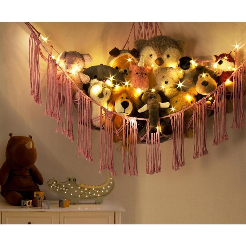 Stuffed  Hammock Corner with LED Light -  Storage Hammock Plushie Net Hanging Organizer - Pink Room Decor for Teen Girls - Cute Bedroom Aesthetic