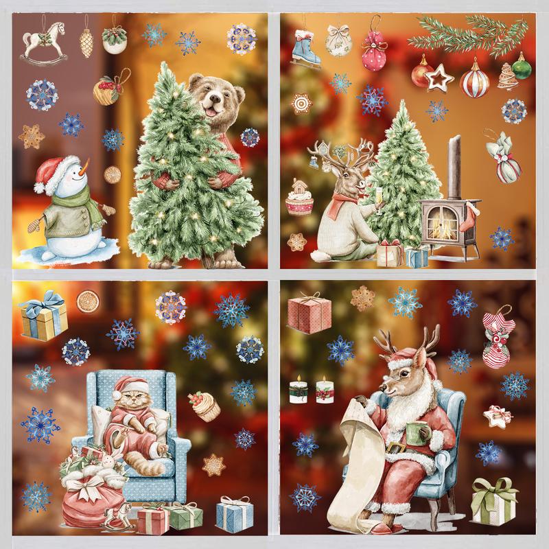 Christmas Window Clings, 9 Sheets Xmas Window Stickers Santa Snowman Snowflake Merry Christmas Window Clings, Double-Side Window Decals for Party Decorations Home School Glass