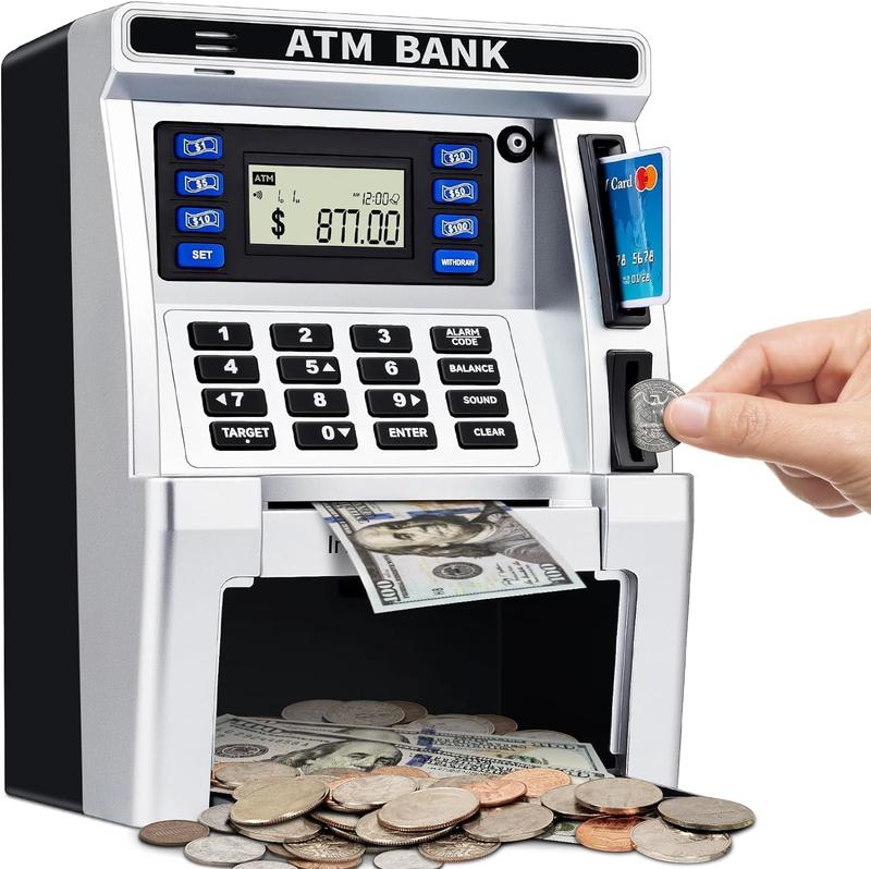 ATM Piggy Bank for Kids, ATM Machine for Real Money with Debit Card, Bill Feeder, Coin Recognition, Balance Calculator, Electronic Savings Safe Box, Gifts for Teen Boys Girls