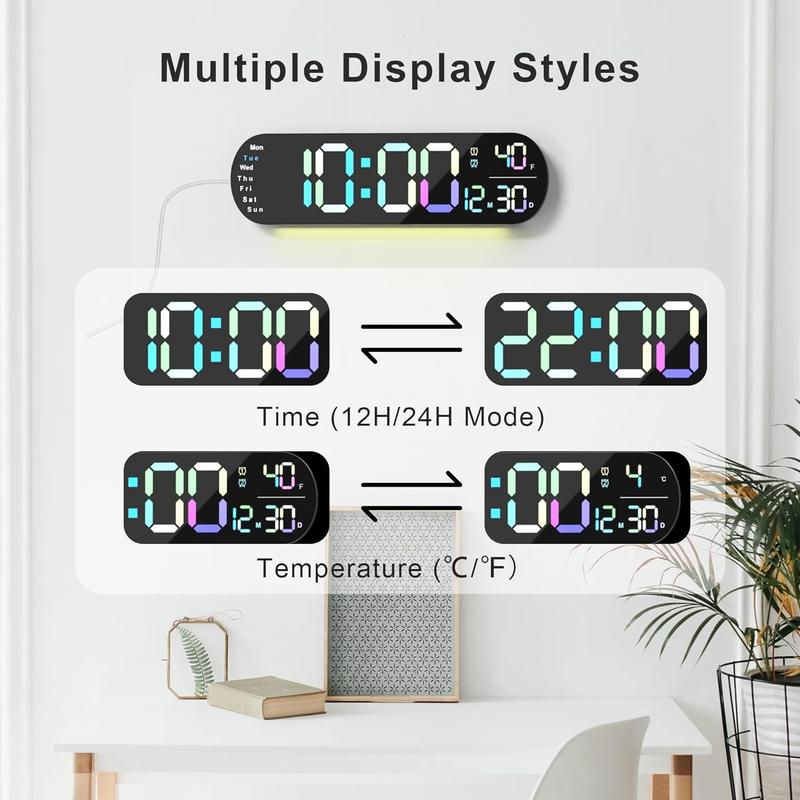 Digital Wall Clock with Remote, 13.7“ Large Display LED Alarm Clock with Time Date Temp Week, 12 24H, Adjustable Brightness for Living Room Decor Light Rgb