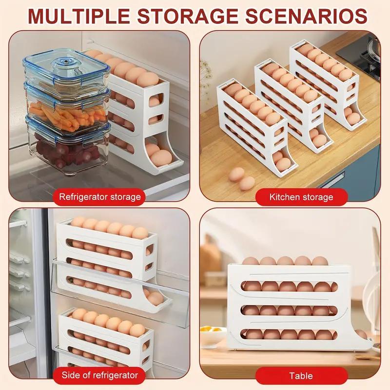 30 Eggs Egg Holder for Fridge - Auto Rolling Fridge Egg Organizer, Space-Saving Egg Dispenser Holder, 4 Tiers Fridge Egg Rack Large Capacity Egg Dispenser for Refrigerator Slide Boxes Kitchen