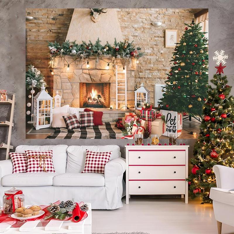 Christmas Themed Backdrop, 1 Count Fireplace & Tree Pattern Wall Hanging Banner, Festive & Party Supplies for Home Living Room Bedroom