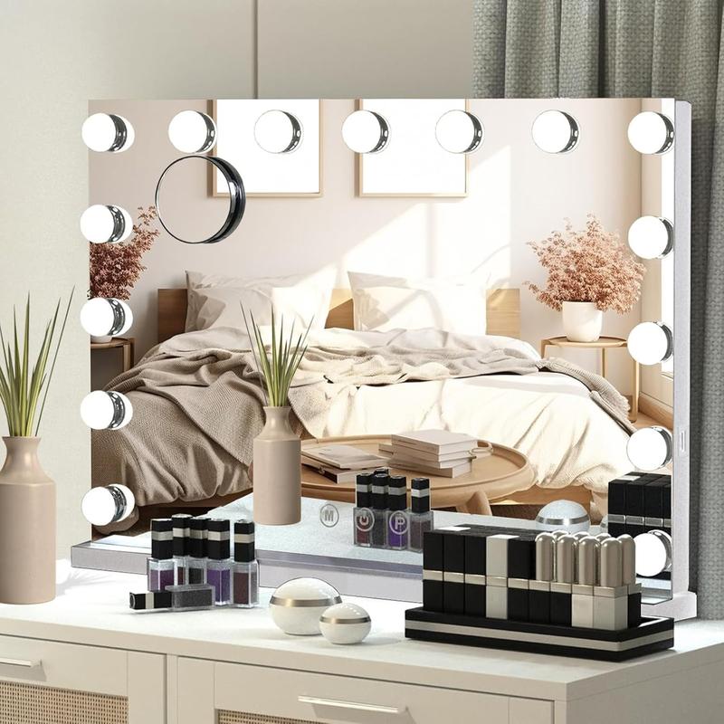 Hollywood Hollywood Vanity Mirror with Lights,10X Magnification Makeup Mirror with 15 Dimmable Bulbs,3 Color Lighting Modes,Vanity Mirror for Bedroom,Touch Control,Tabletop or Wall-Mounted,White