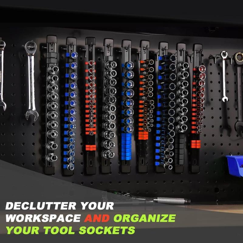 3-Count Socket Organizer Rail Set, Premium Socket Holder, Heavy-Duty Socket Rack Kit With 43 Clips 1 4-Inch x 16 Clips, 3 8-Inch x 15 Clips, 1 2-Inch x 12 Clips – Ideal for Tool Storage