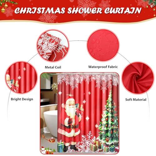 Christmas Shower Curtain for Bathroom Winter Holiday Vintage Fabric Xmas Santa Tree Snowflake Shower Curtain Waterproof Decor Set w 12 Hooks 72x72in