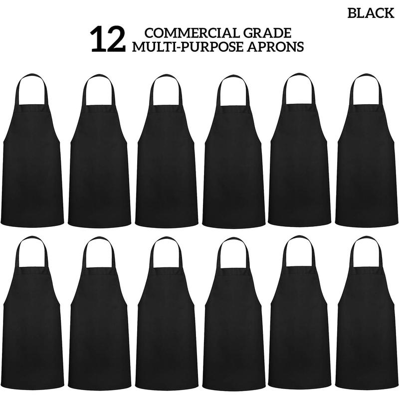 12 Pack Bib Apron - Unisex Black Aprons, Machine Washable Aprons for Men and Women, Kitchen Cooking BBQ Aprons Bulk (Pack of 12, No Pockets, Black)