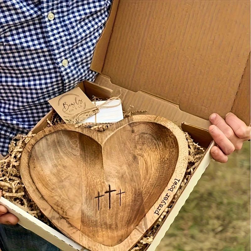 Vintage Wooden Heart-Shaped Prayer Bowl - Engraved Cross & 