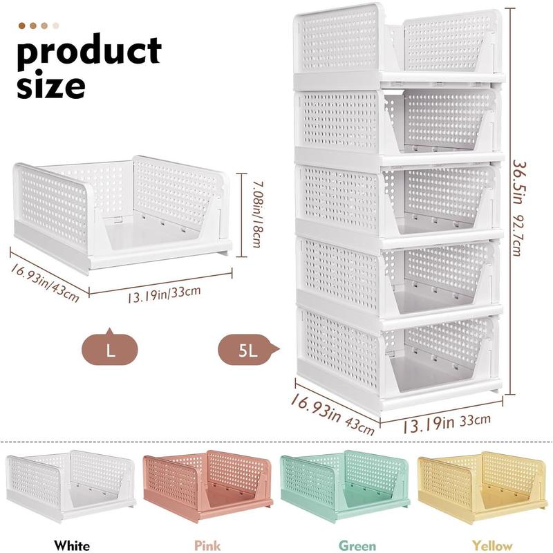 ZONGZHI 5 Pack Stackable Closet Storage Basket, Multifunctional & Foldable Closet Organizer for Bathroom Kitchen Laundry Room Wardrobe Storage, Space-Saving Clothes Storage Drawer Organizer, White