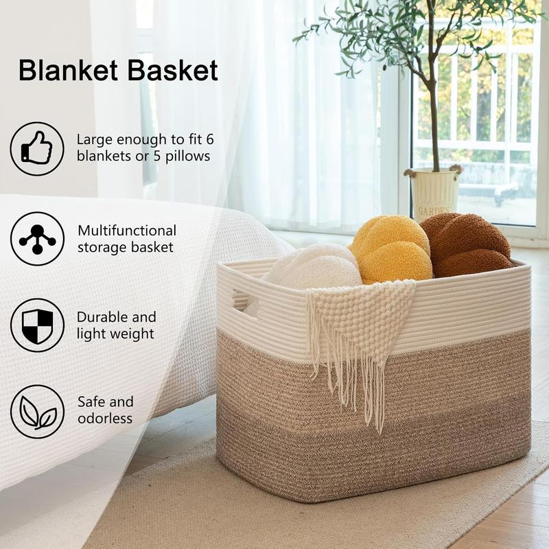 108L Super Large Blanket Basket, 25”x16”x16”(108L) Rectangle Woven Baskets for Storage, Cotton Rope Basket For Living Room, Toy Basket with Handle, Basket for Organizing- Gradient Brown