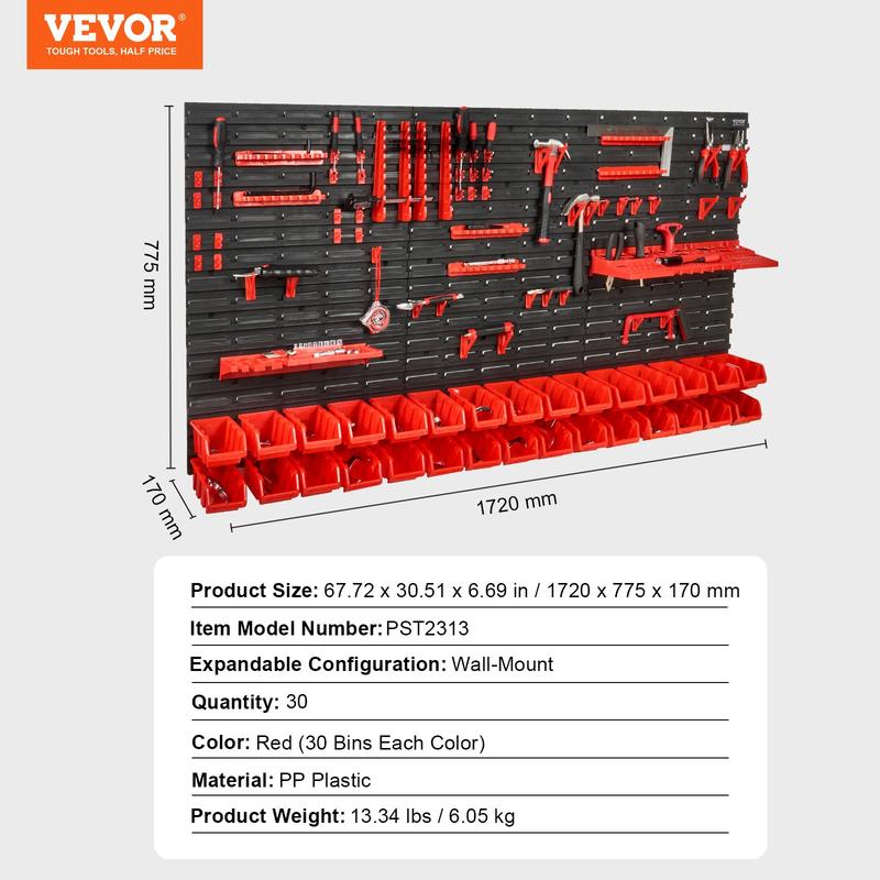 VEVOR Wall Mounted Storage Bins, 30-Bin Parts Rack Organizer Garage Plastic Shop Tool with Wall Panels Tool Holders Hooks, Tool Organizer for Nuts, Bolts, Screws, Nails, Beads, Buttons