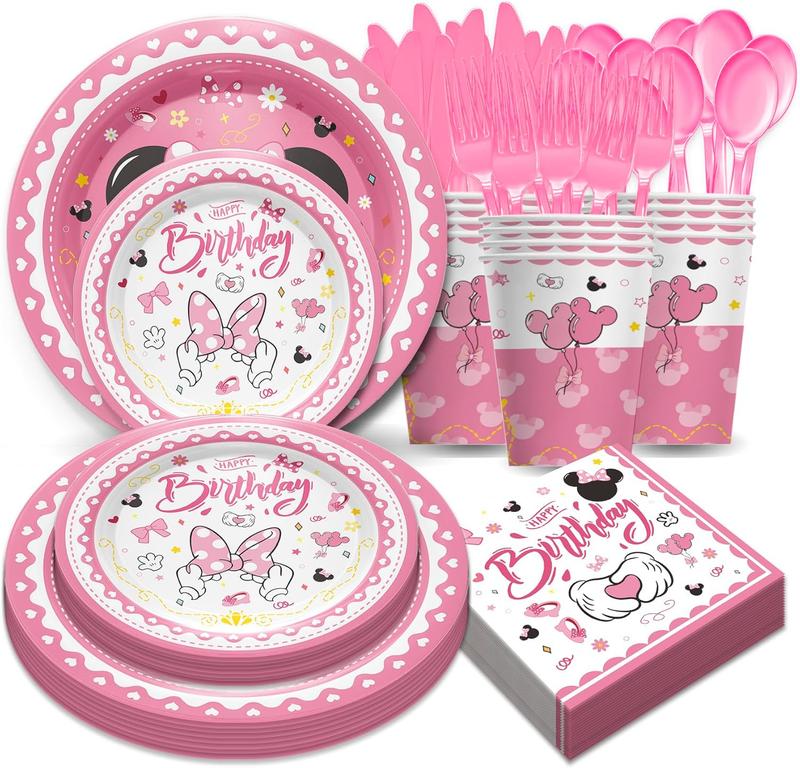 168pcs Minnie Themed Birthday Party Supplies - Mouse Birthday Party Decorations Include Plates, Cups, Napkins, Cutlery, Girl Minnie Baby Shower Birthday Party Supplies, 24 Guests Disposable Set Pack Thick balloon tree genderreveal balloon lightup numbers