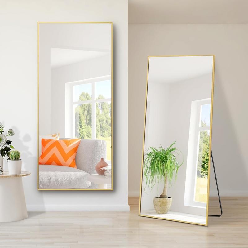 Full Length Mirror, 65‘’x 22'' Floor Mirror with Stand, Floor Mirror with Aluminum Allning  Wall Mounted, for Bedroom and Living Room, 2 Colors Available (Black  Gold)