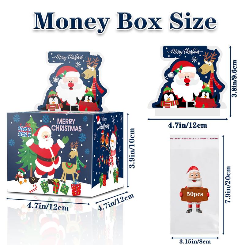 Christmas Money Box for Cash Gift Pull, Money Holder Cash Gift for Kids Adults, DIY Fun Holiday Cash Box, Surprise Gift Box for Parents, Lovers and Friends, Includes 50Pcs Transparent Bags