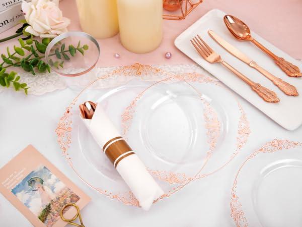 Nervure 175PCS Rose and Gold Plastic Plates & Pre Rolled Napkins for 25 Guests Gold Disposable Plates 75 Gold Plastic Silverware, 25Cups,Napkins dinner plate