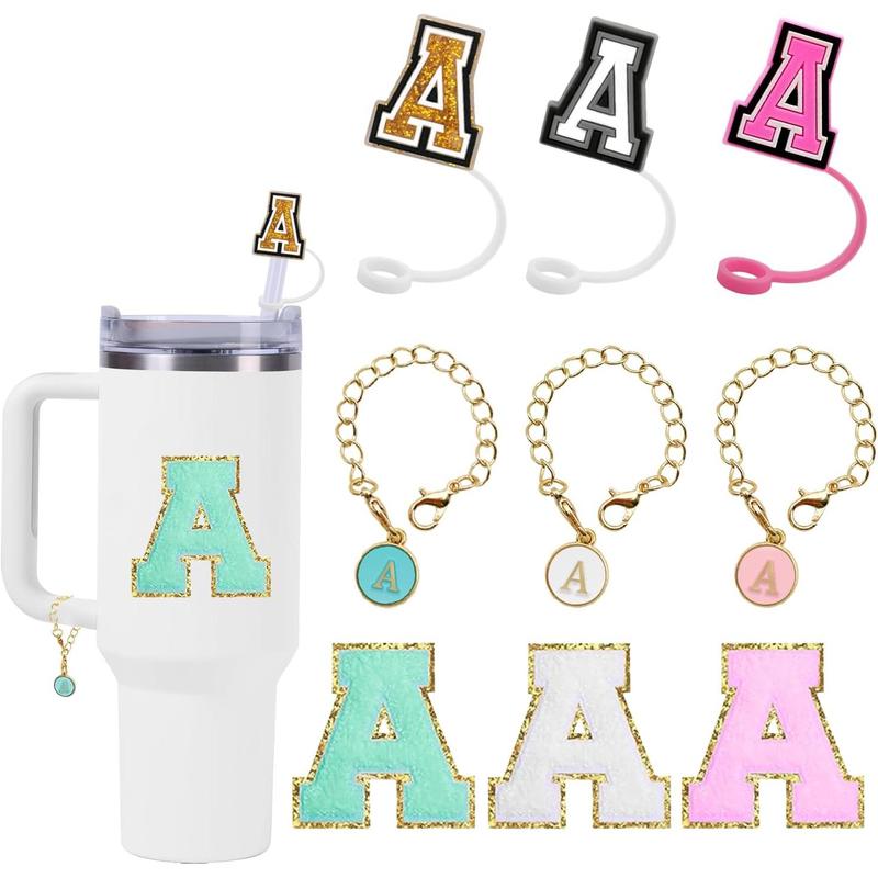 Cup Accessories Set,3 Count 0.4in Straw Cover, 3 Count Letter Charm, 3 Count Letter Towel Stickers Fits 40&30 Oz Tumbler(A)