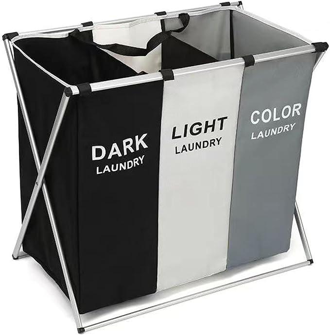 Laundry Cloth Hamper Sorter Basket Bin,Foldable 3 Sections with Aluminum Frame,Washing Storage,Dirty Clothes Bag for Bathroom Bedroom Home,Storage Basket (Black+Gray+White, 3 Liner)