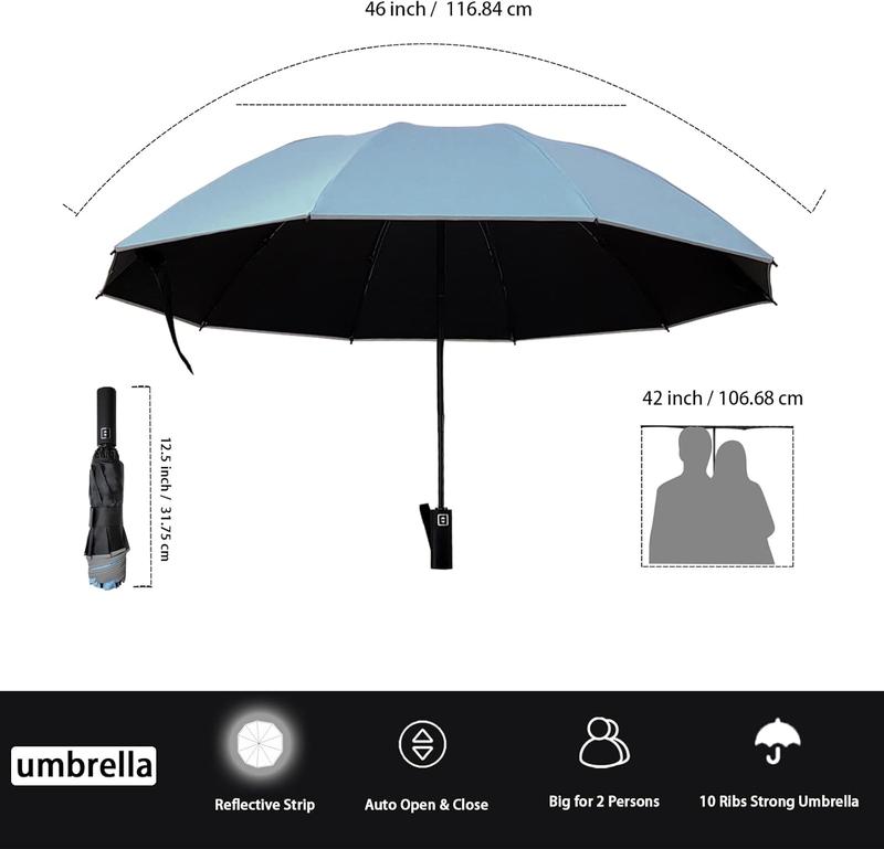 Automatic Open Large Compact Reverse Umbrella for Rain and UV Protection Inverted Folding  with Reflective Safe Stripe Portable for Men and Women (Cambridge blue, L)