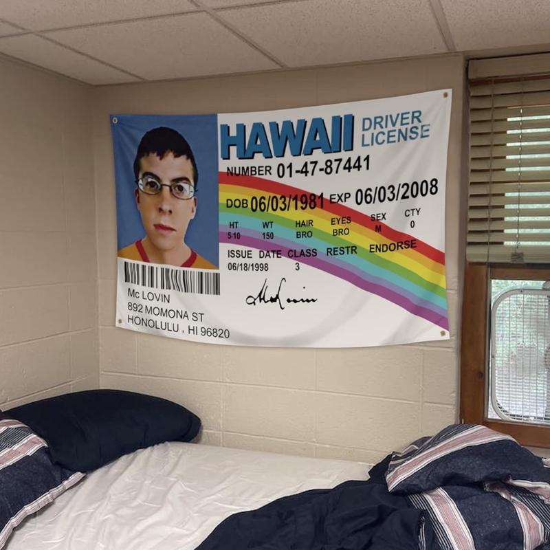 Mclovin Id Flag 3x5 ft, Novelty College Funny Dorm Banner - Vivid Color & Fade Proof - Double Stitched Polyester with Brass Grommets 3 X 5 Ft Tapestry Decor Hanging Decoration Gift Ornaments