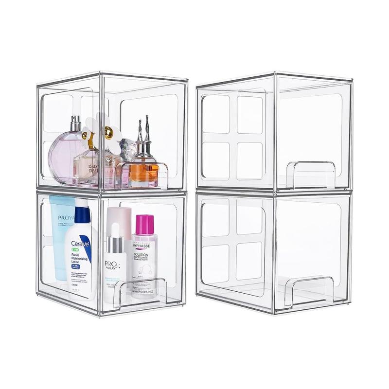 「Black Friday」Vtopmart 4 Pack Stackable Makeup Organizer Storage Drawers, 6.6''Tall Acrylic Bathroom Organizers，Clear Plastic Storage Bins For Vanity, Kitchen