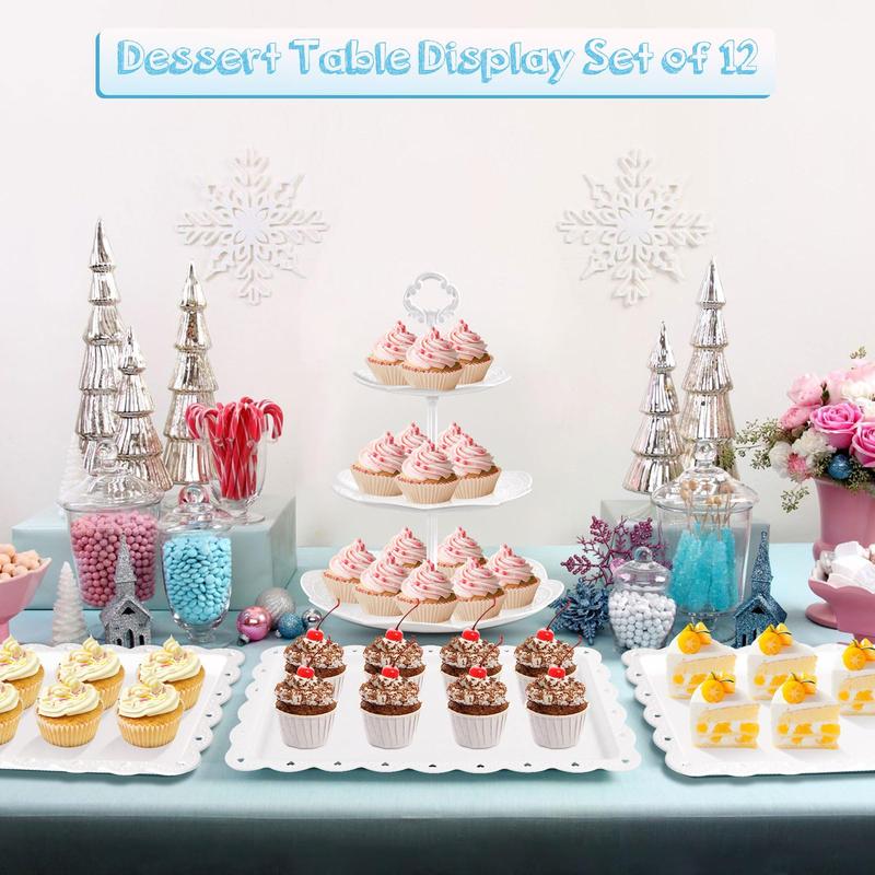 12 Count Cupcake Stand White Dessert Table Display Set 4 Count 3 Tier Plastic Cake Stand Holder 6 Count Dessert Serving Tray 1 Count Cake Pop Stand Cookie Platter Rack Tower for Tea Party Wedding Baby Shower