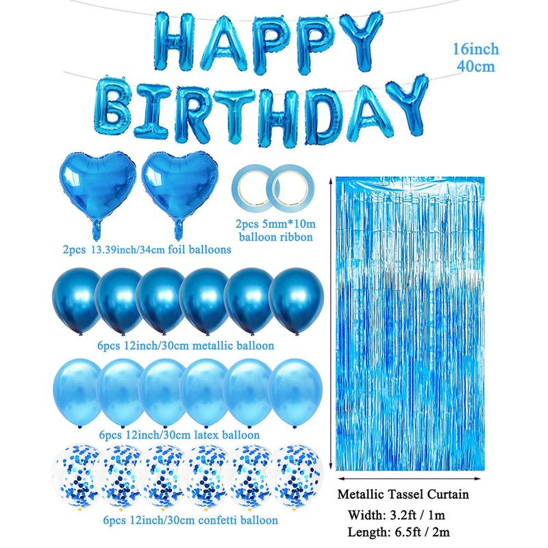 Birthday Balloon Kit, 36pcs Happy Birthday Party Balloon Kit, Including Latex & Confetti Balloon, Heart Shaped Balloon, Glitter Tinsel Curtain Background