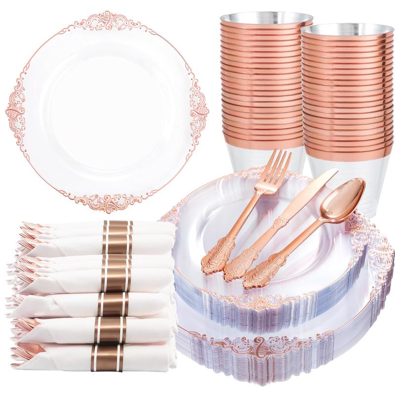 Nervure 175PCS Rose and Gold Plastic Plates & Pre Rolled Napkins for 25 Guests Gold Disposable Plates 75 Gold Plastic Silverware, 25Cups,Napkins dinner plate