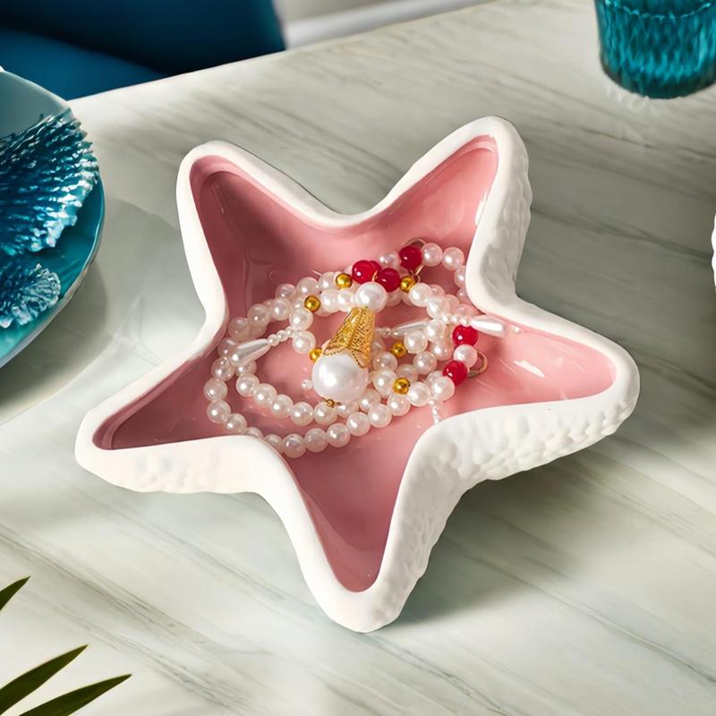 Starfish Shaped Jewelry Storage Bowl, 1 Count Ceramic Jewelry Key Sundries Storage Holder, Desktop Decoration Ornament for Home Bedroom Dressing Table