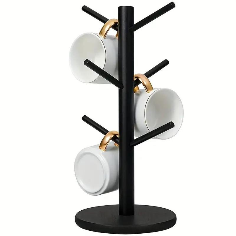 Mug Tree, 1 Count Coffee Cup Holder with 6 Hooks, Wood Coffee Mug Holder for Counter, Coffee Organizer Station Essentials