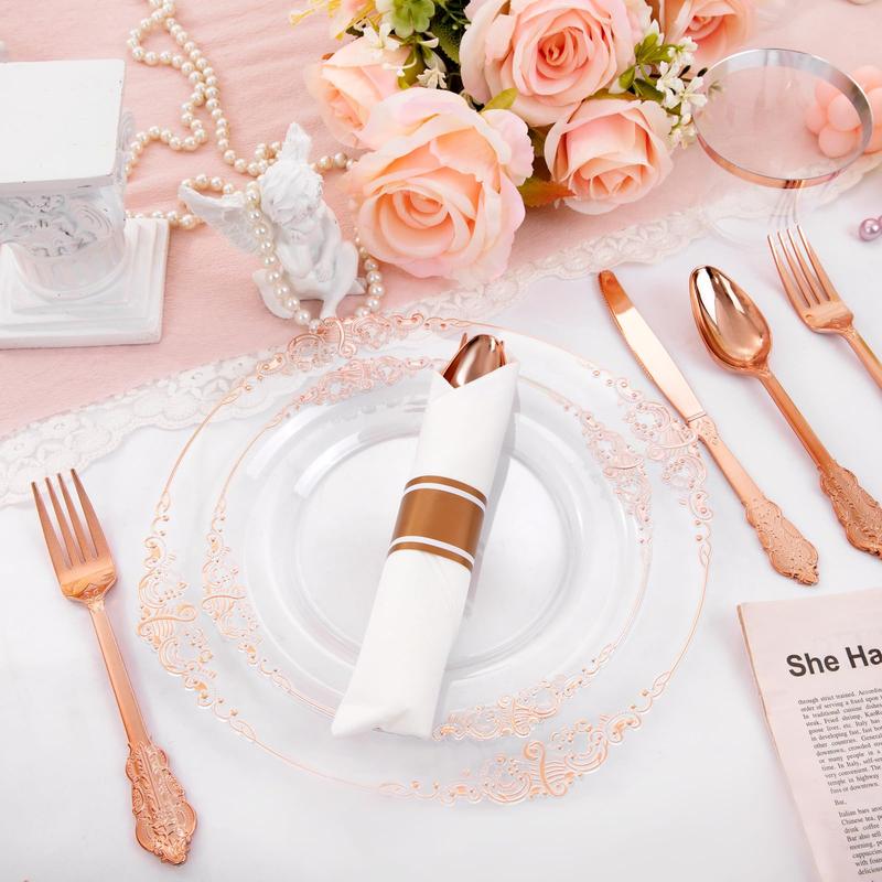 Nervure 175PCS Rose and Gold Plastic Plates & Pre Rolled Napkins for 25 Guests Gold Disposable Plates 75 Gold Plastic Silverware, 25Cups,Napkins dinner plate