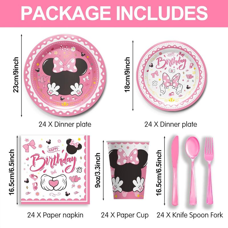 168pcs Minnie Themed Birthday Party Supplies - Mouse Birthday Party Decorations Include Plates, Cups, Napkins, Cutlery, Girl Minnie Baby Shower Birthday Party Supplies, 24 Guests Disposable Set Pack Thick balloon tree genderreveal balloon lightup numbers