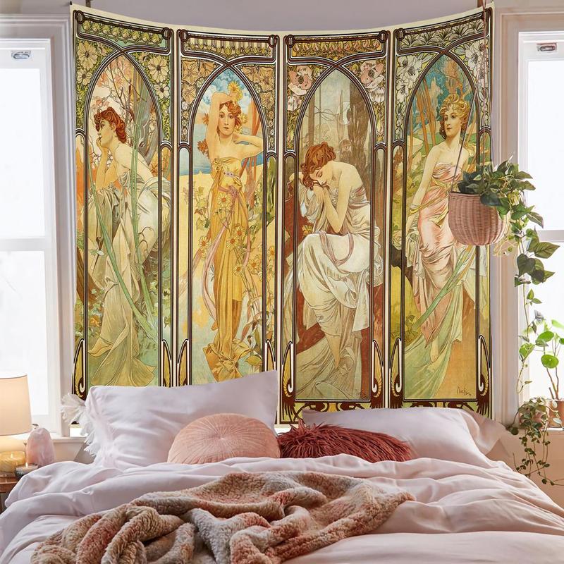 Vintage Art Style Ladies Pattern Tapestry, 1 Count Aesthetic Wall Hanging Blanket, Wall Art Decor for Home Living Room Bedroom School Gallery