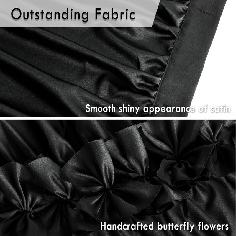 Black Ruffle Shower Curtain, Vintage Handcrafted Bow Tie Bath Curtain for Master Bathroom, Ruched Satin Bathroom Curtain with 12 Buttonholes, 72