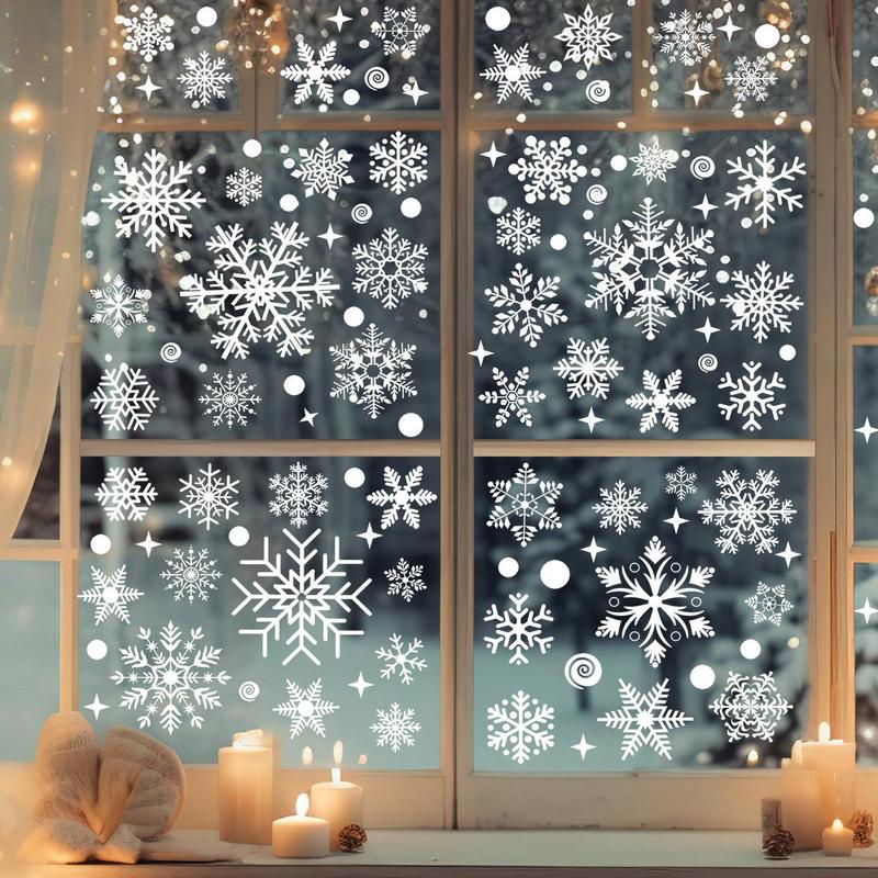 Snowflake Window Clings Set, 4 Counts set Electrostatic Window Stickers, No Power Needed Window Decals for Christmas & Winter Door Decorations